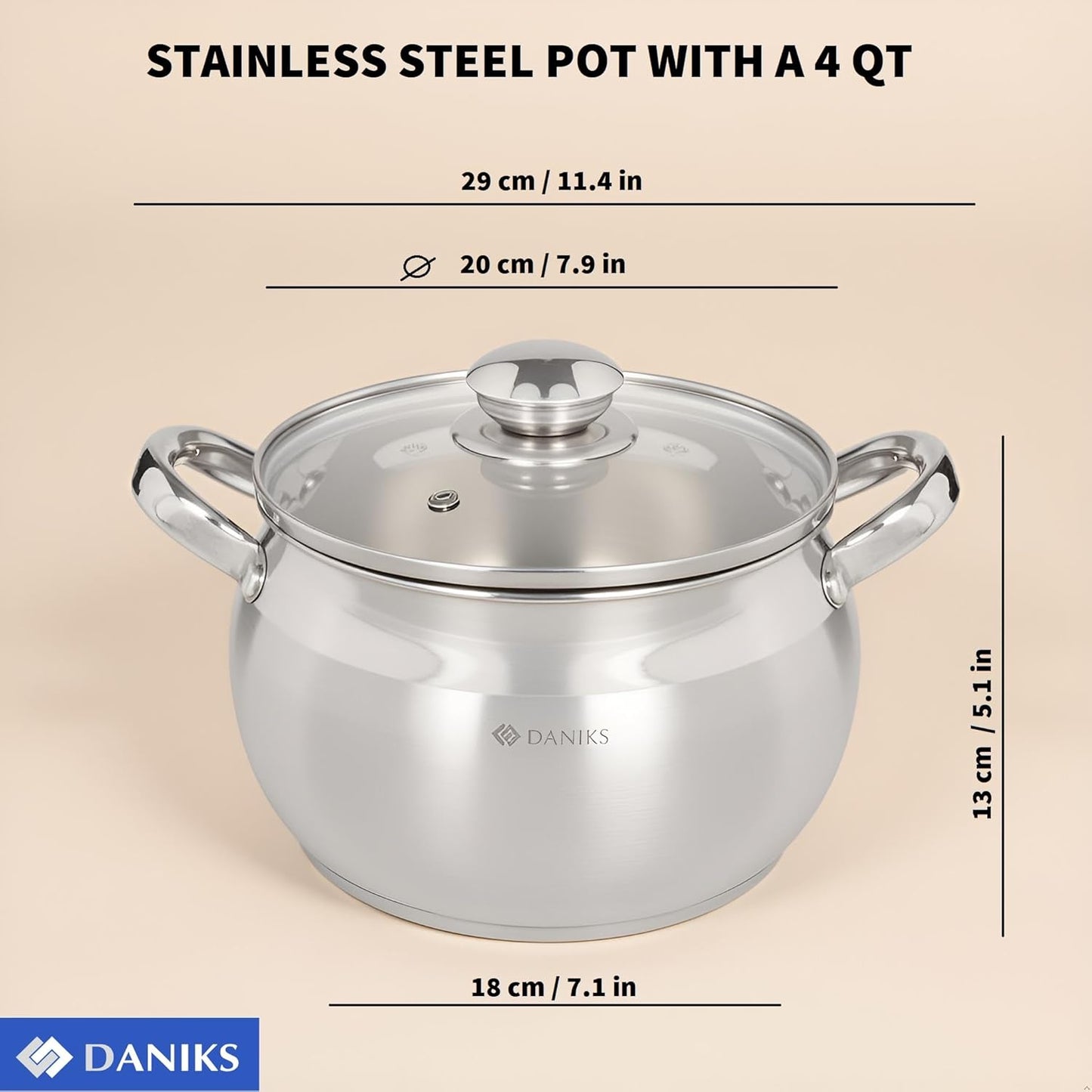 Daniks Classic Stainless Steel Stock Pot with Glass Lid – Induction 4 Quart, Dishwasher Safe, Measuring Scale, For Soup, Pasta, Stew, Silver