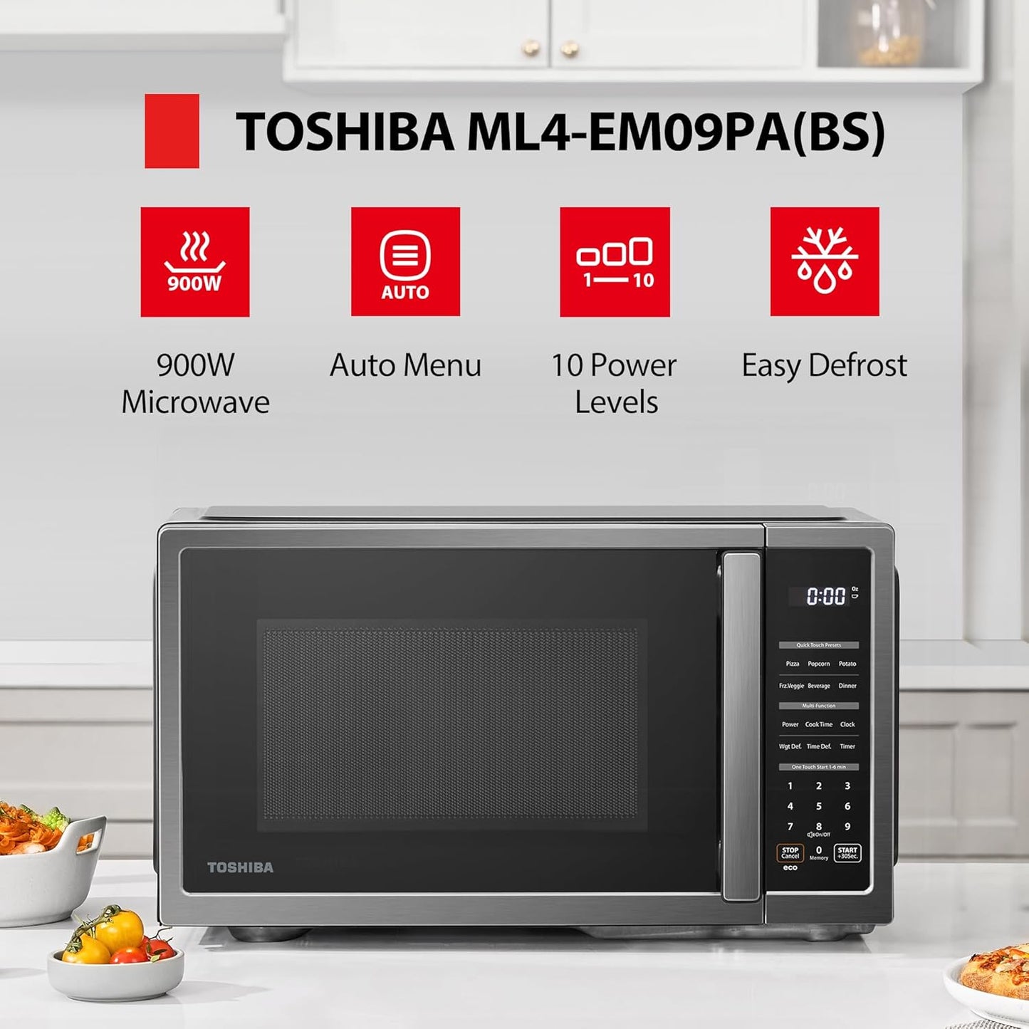 TOSHIBA ML4-EM09PA(BS) Small Countertop Microwave Oven with 6 Auto Menus, Mute Function, Child Lock, Kitchen Essentials for Dorm, 0.9 Cu Ft, 10.6 Inch Removable Turntable, 900W, Black Stainless Steel