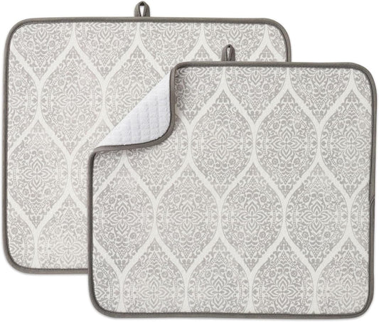 FRESHMINT Printed Dish Drying Mats for Kitchen Counter 2 Pack Absorbent Reversible Drying Mats Microfiber Kitchen Countertop Protector Dishes Drying Pad Extra Large 18"x16" Dish Mat