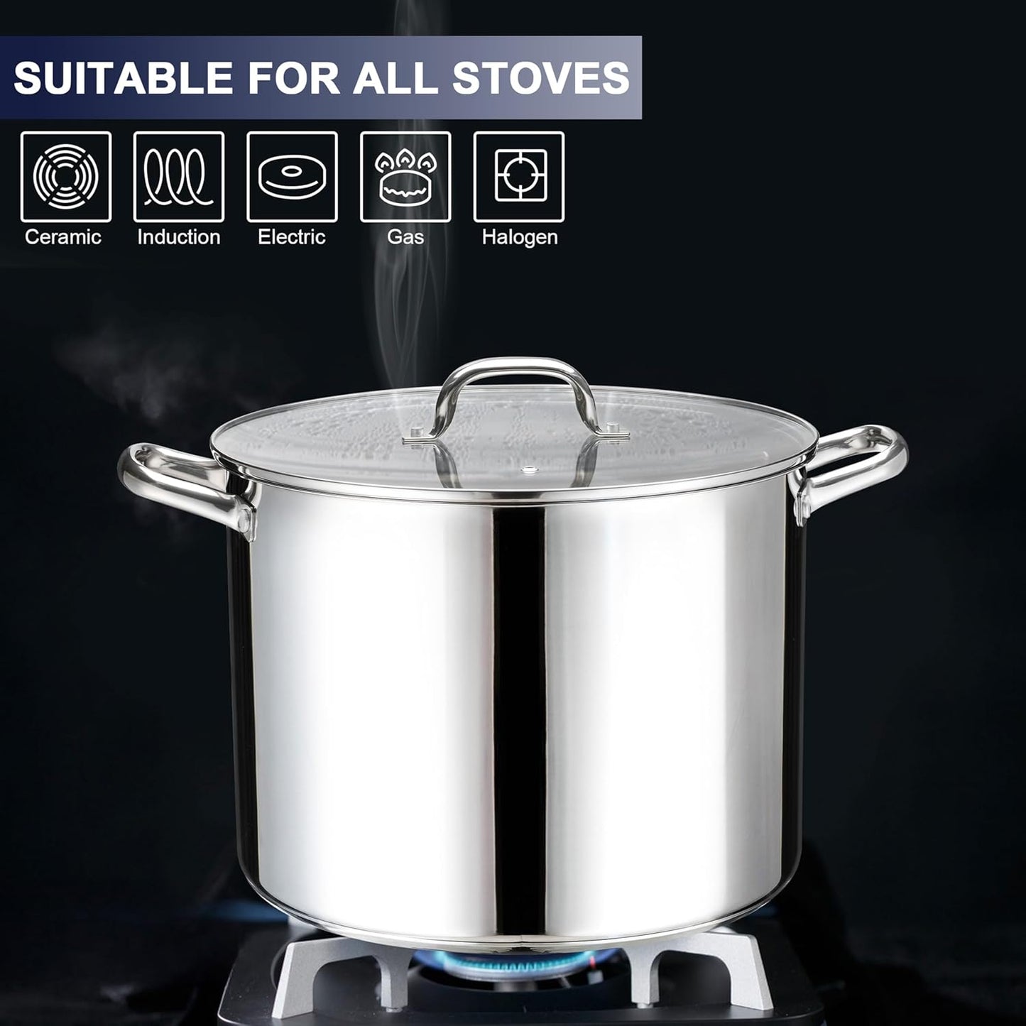20 QT Stainless Steel Large Stock Pot, LIANYU Heavy Stockpot with Glass Lid, Deep Soup Canning Pot for Stewing Simmering, Tri-ply Base for Induction, Halogen Cooktops, Dishwasher Safe