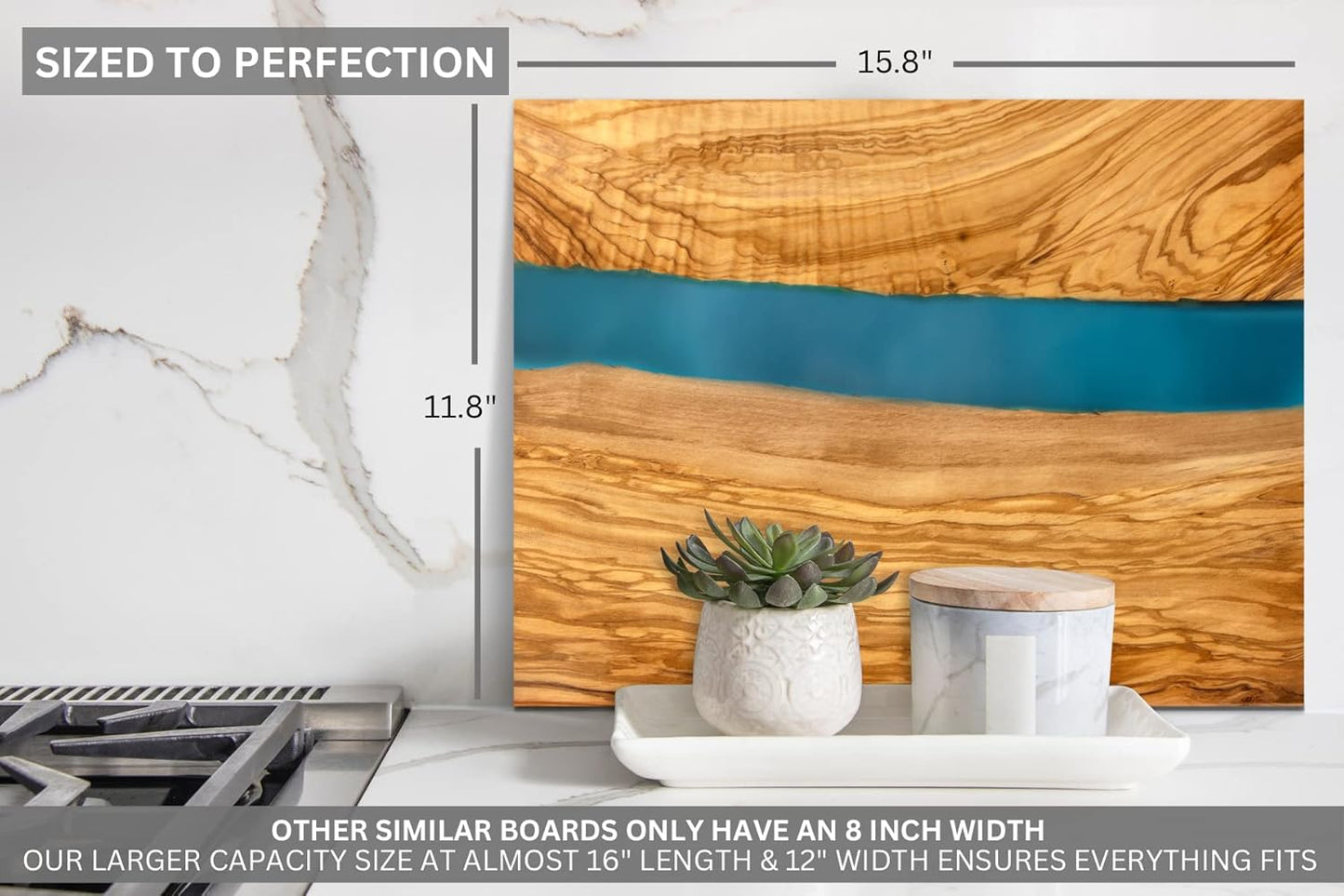 Handcrafted Italian Olive Wood Cheese & Charcuterie Board Set with Unique Blue Resin Artwork - Cutting Board Comes with 4 Cheese Knives, 2 Dipping Bowls & Corkscrew Wine Opener (Blue)