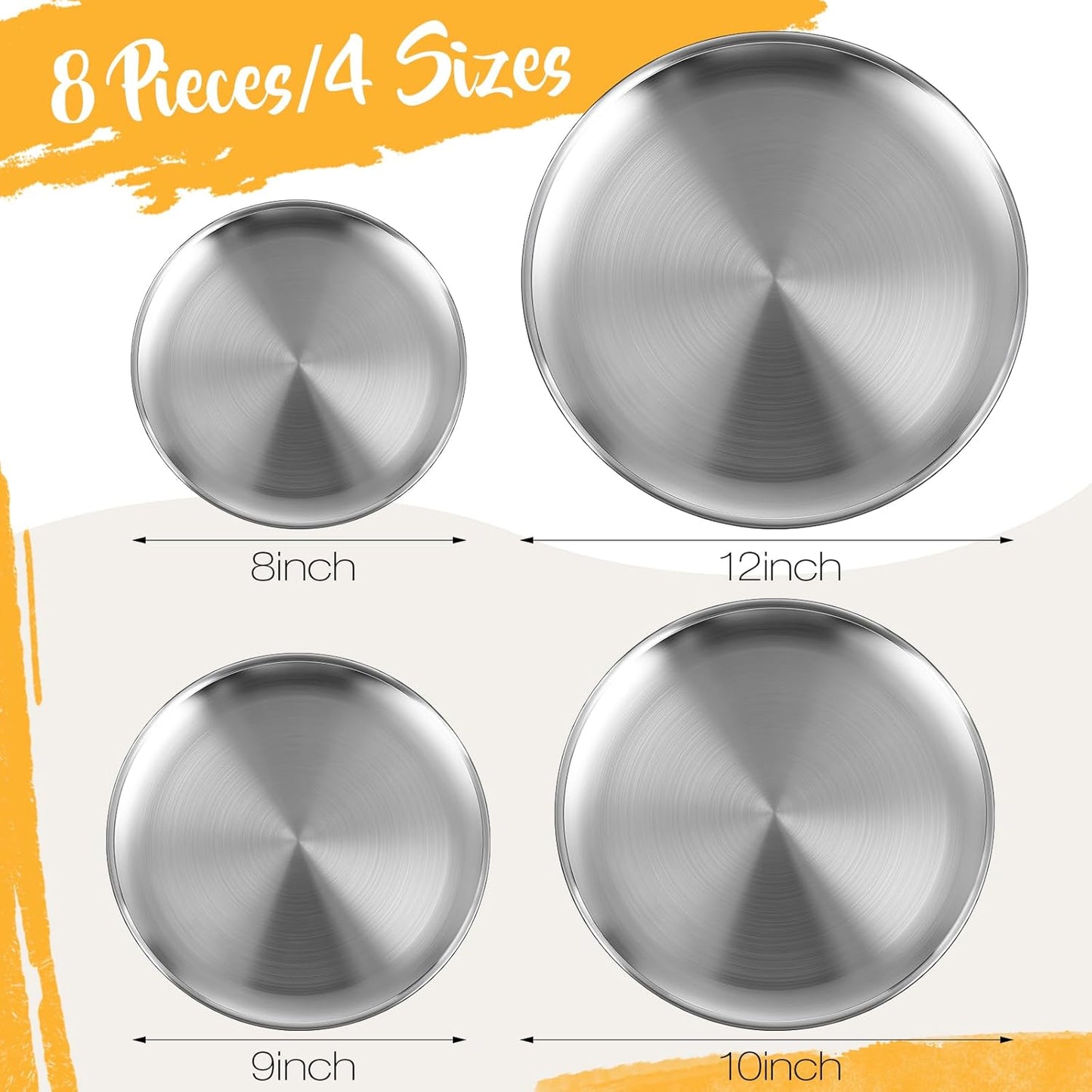 Thenshop 8 Pieces Pizza Pans Bulk Stainless Steel Sets Round Bakeware Pizza Trays for Oven Kitchen Baking Home Restaurant Safe Sturdy Reusable Easy Clean(8 Inch 9 Inch 10 Inch 12 Inch,Silver)
