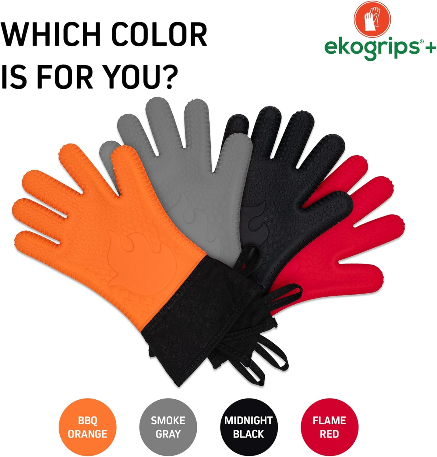 Ekogrips+ Premium Silicone Oven Mitts - Comfy, Waterproof, Heat Resistant BBQ Gloves for Grilling, Long Cuff for Added Protection, 5 Finger Dexterity, 3 Sizes, 4 Colors, L/XL, Grey