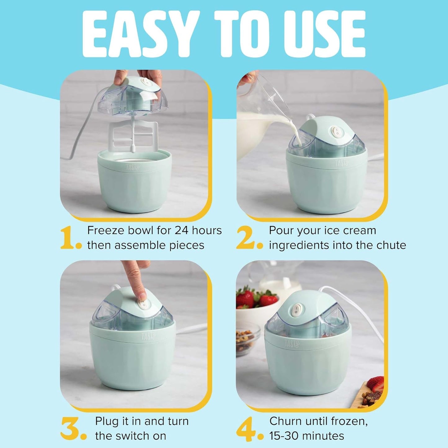Tasty Mini Ice Cream Maker, Make Ice Cream, Sorbet, Frozen Yogurt, Gelato, Desserts, Quick Results, Single-Serve, Aqua