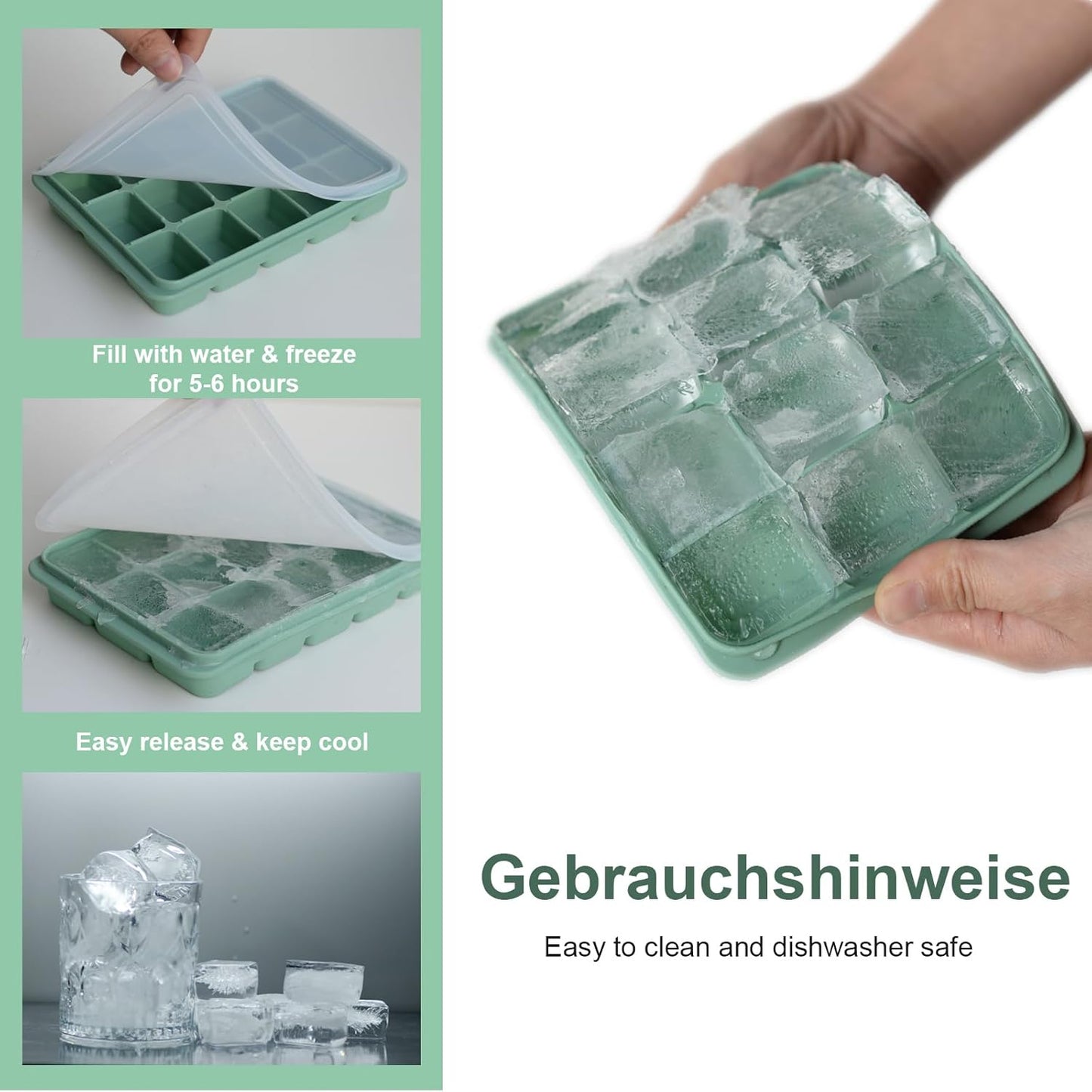 Ice Cube Trays Set of 3, Easy Release 15 Flexible Silicone Ice Cube Molds with Removable Lid Reusable Freezer Ice Trays Stackable for Whiskey, Baby Food, Green