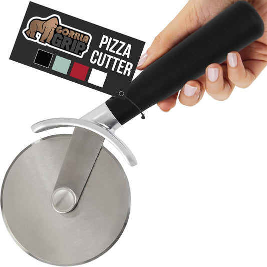 GORILLA GRIP BPA-Free Large Pizza Cutter Wheel, 9 Inch, Sharp Stainless Steel Blade, Slip Resistant Handle with Thumb Guard Protection, Slice Thick or Thin Pizzas, Pie, Pastries in Seconds, Black