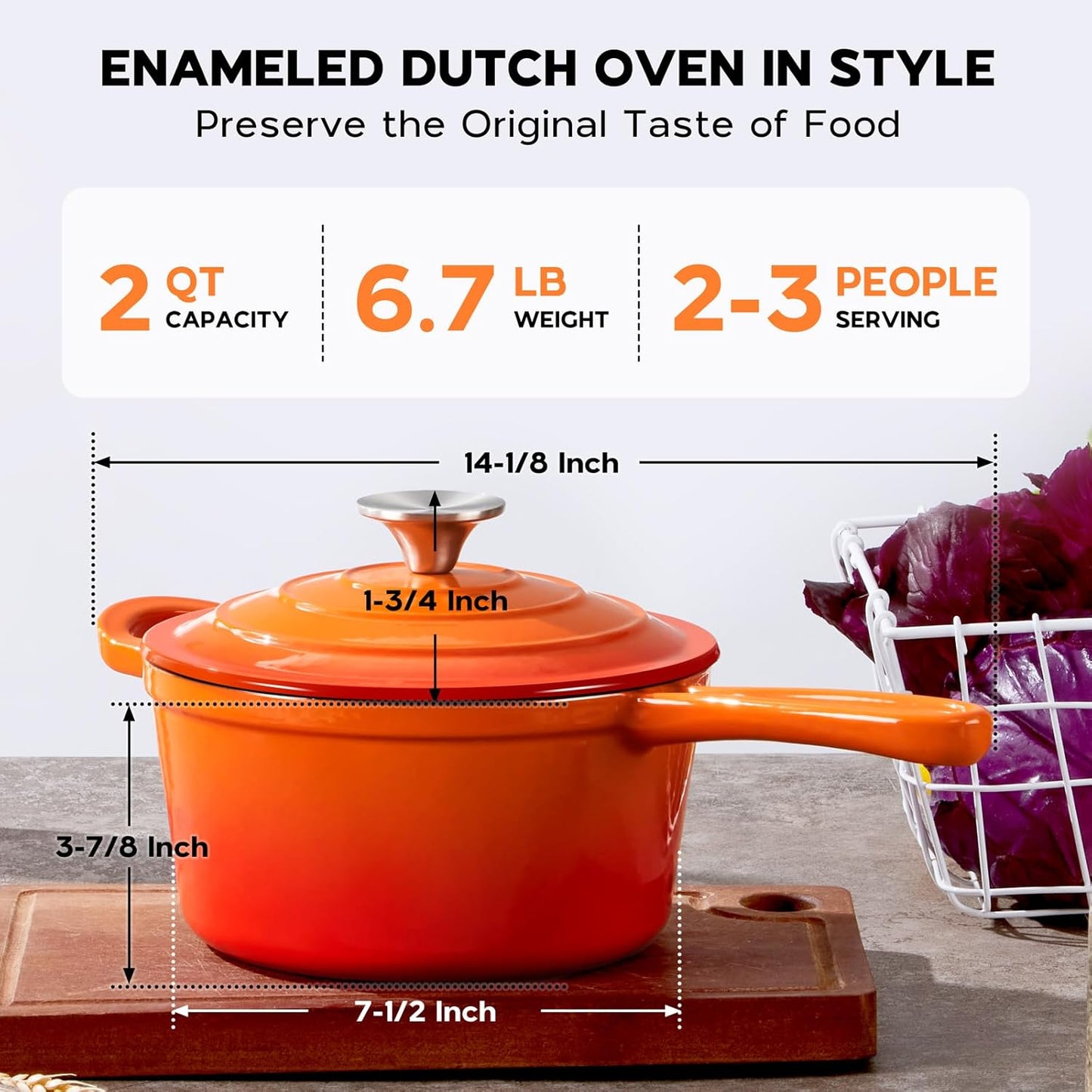 2 Quart Saucepan with Lid, Onader Enameled Cast Iron Sauce Pan, Small Cooking Sauce Pot, Enamel Dutch Oven Pot Nonstick – Sunset Orange