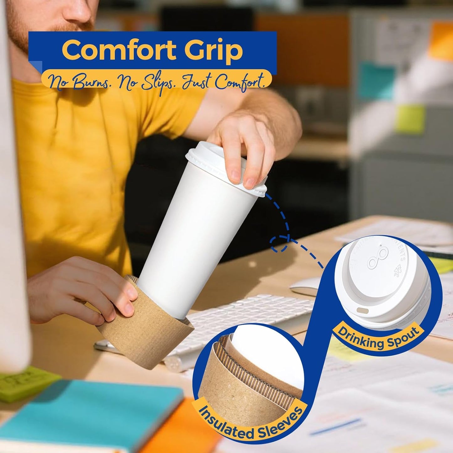 Fit Meal Prep 100 Pack 20 oz Disposable Coffee Cups with Lids, Sleeves, Leak-Proof To Go Coffee Cups with Lids, Durable Hot Paper Cups for Home, Office, Party, Business