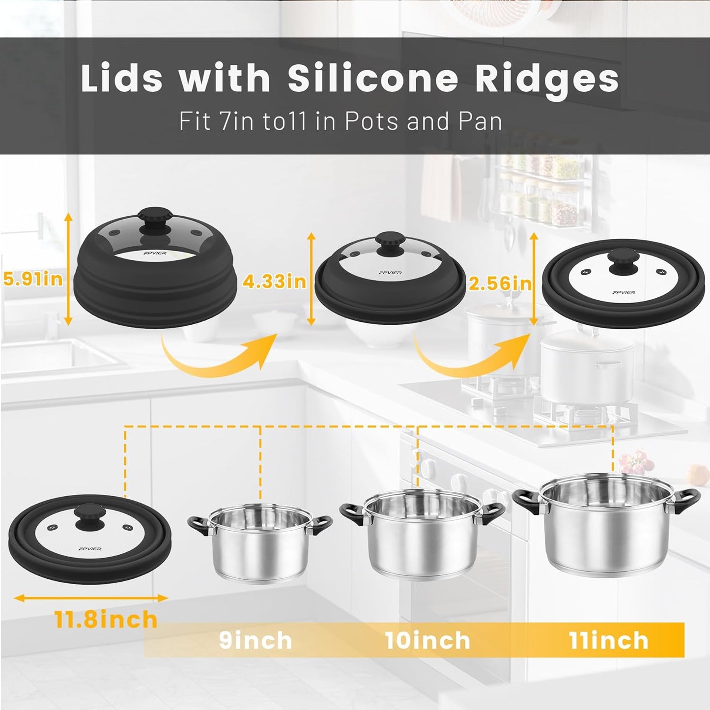 Collapsible Microwave Splatter Cover - Vented Silicone & Glass Lid with Easy-Grip Handle, Fits 6 to 11 Inch Plates & Bowls, 11.8 Inch Diameter, Prevents Splatters & Ensures Even Heating