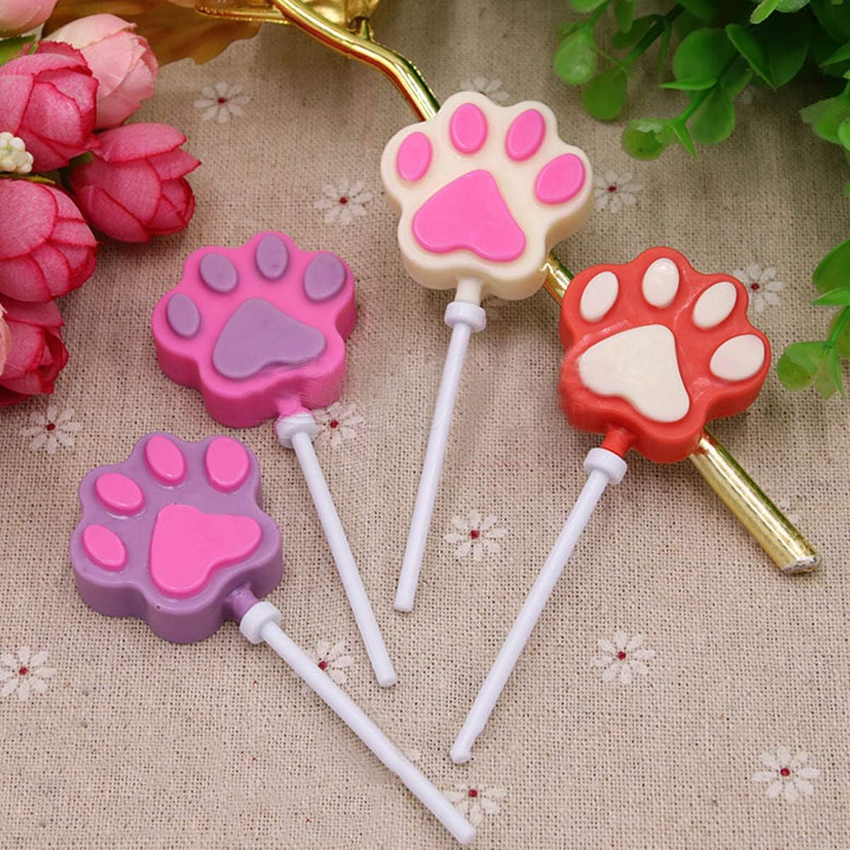 12 Capacity Cat Paw Silicone Lollipop Mold Set, Sucker Molds and Chocolate Hard Candy Mold with 50pcs Lollipop Sucker Sticks, Candy Treat Bags, Gold Ties. (Cat Paw Pink)