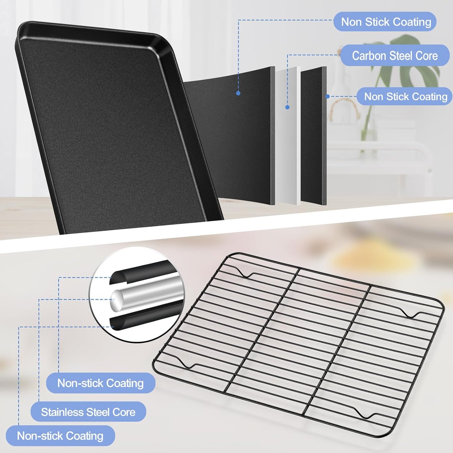 TeamFar Toaster Oven Pan with Rack, 12.5 x 9.7 x 1” Coated Carbon Steel Cookie Baking Pan Tray with Cooling Rack, for Baking/Roasting/Cooling, Healthy & Heavy-Duty, Non-Stick & Easy Clean