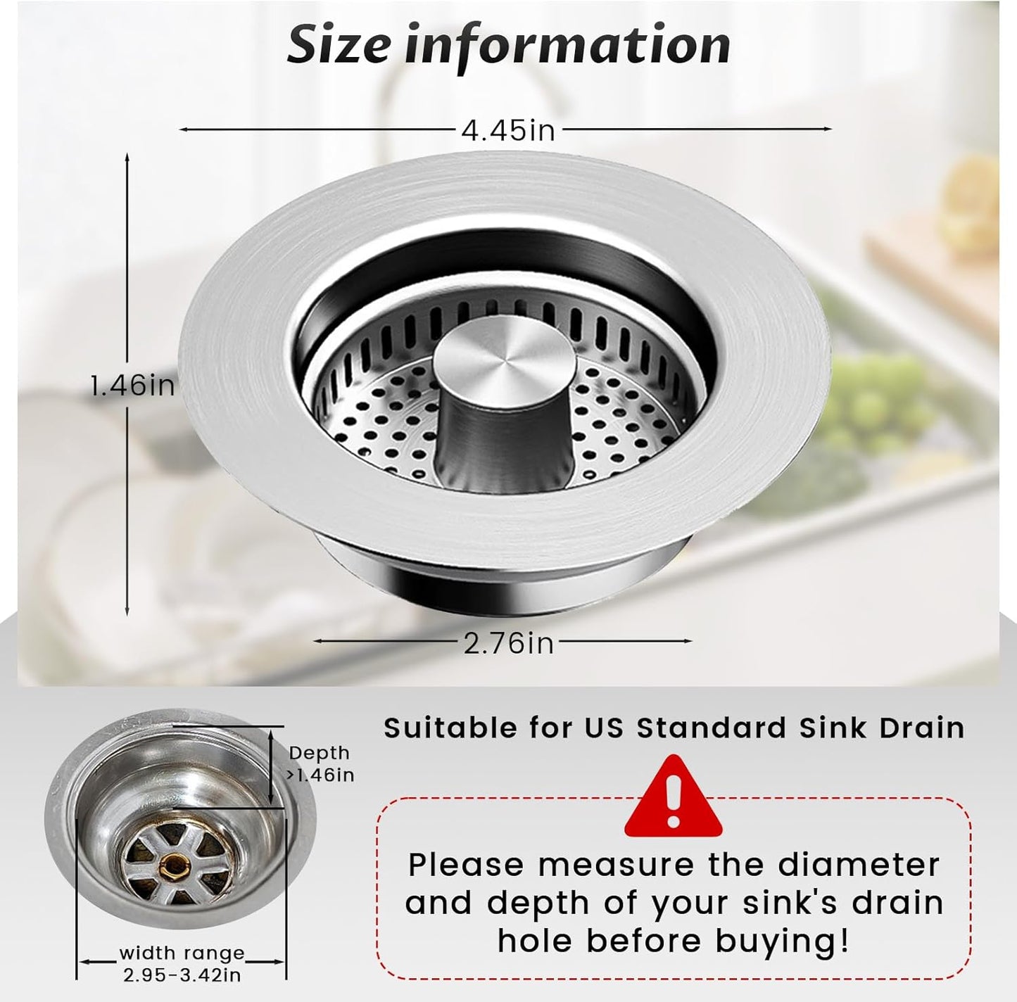 Kitchen Sink Drain Strainer – 304 Stainless Steel 3-in-1 Pop Up Design, Anti-Clogging Sink Strainer Basket for US Standard 3.5" Kitchen Drain, Water Storage & Debris Filter