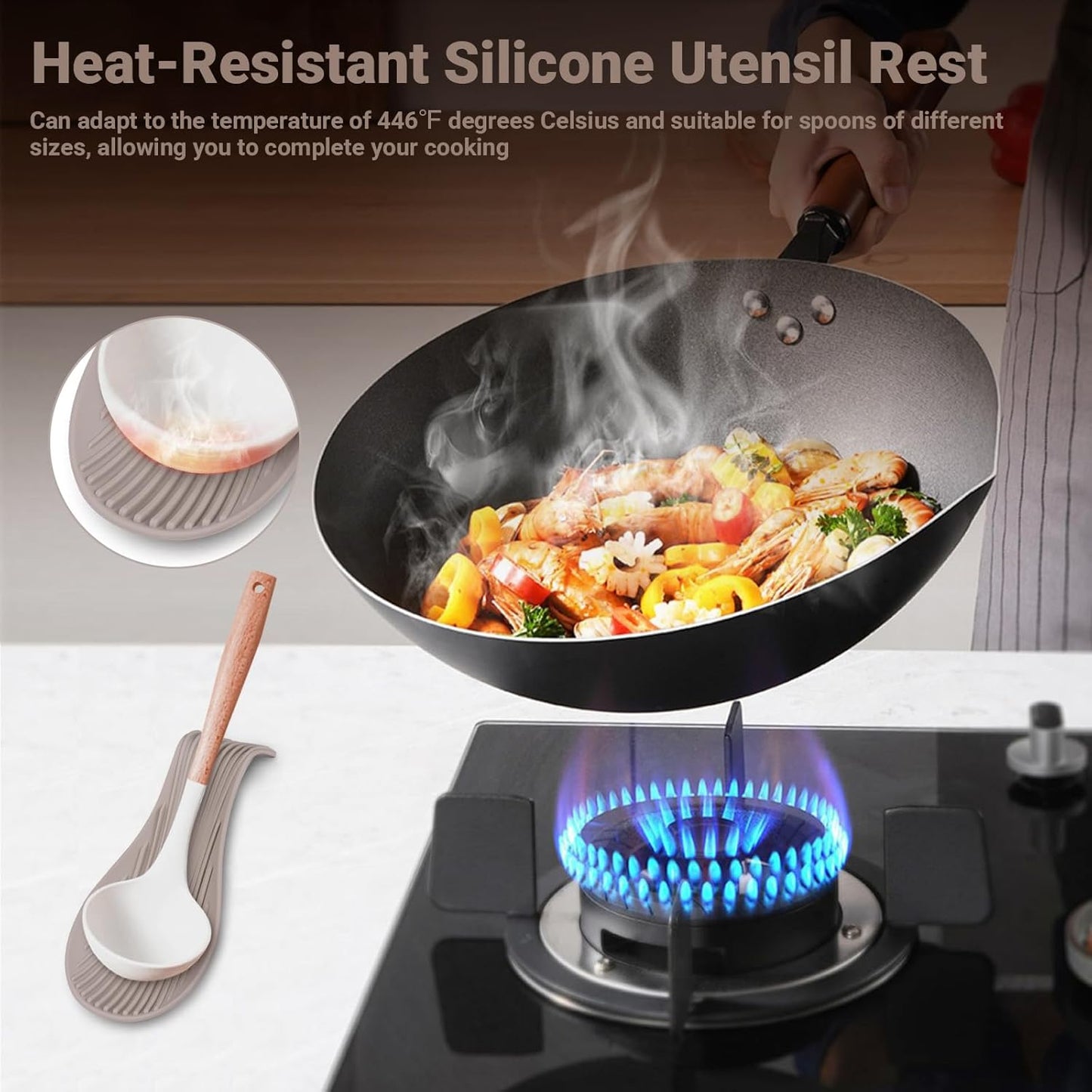 Heat Resistant Silicone Spoon Rest, Non-Slip Spoon Holder for Kitchen Counter, Silicone Spoon Rest for Stove Top for Spoons, Spatulas, Ladles, Tongs (Khaki)