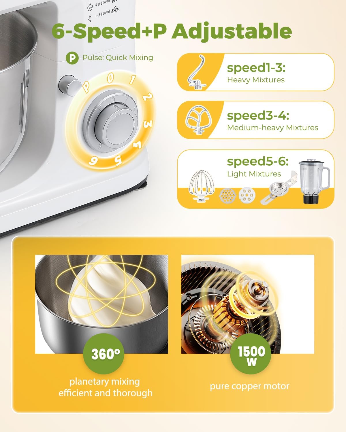 Stand Mixer 7-IN-1 1500W 6.5 QT Multifunctional Electric Kitchen Mixer 6+P Speed Tilt-Head with Stainless Steel Bowl&Handle, 1.5L Glass Jar, Meat Grinder, Dough Hook, Whisk, Pasta Attachments