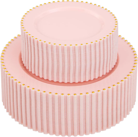 supernal 100pcs Pink Plastic Plates with Gold Beads Plates Disposable Heavy Duty Party Supplies Includes 10.25inch Dinner Plate and 7.5inch Dessert Disposable Plate for Party,Wedding,Bridal Showers