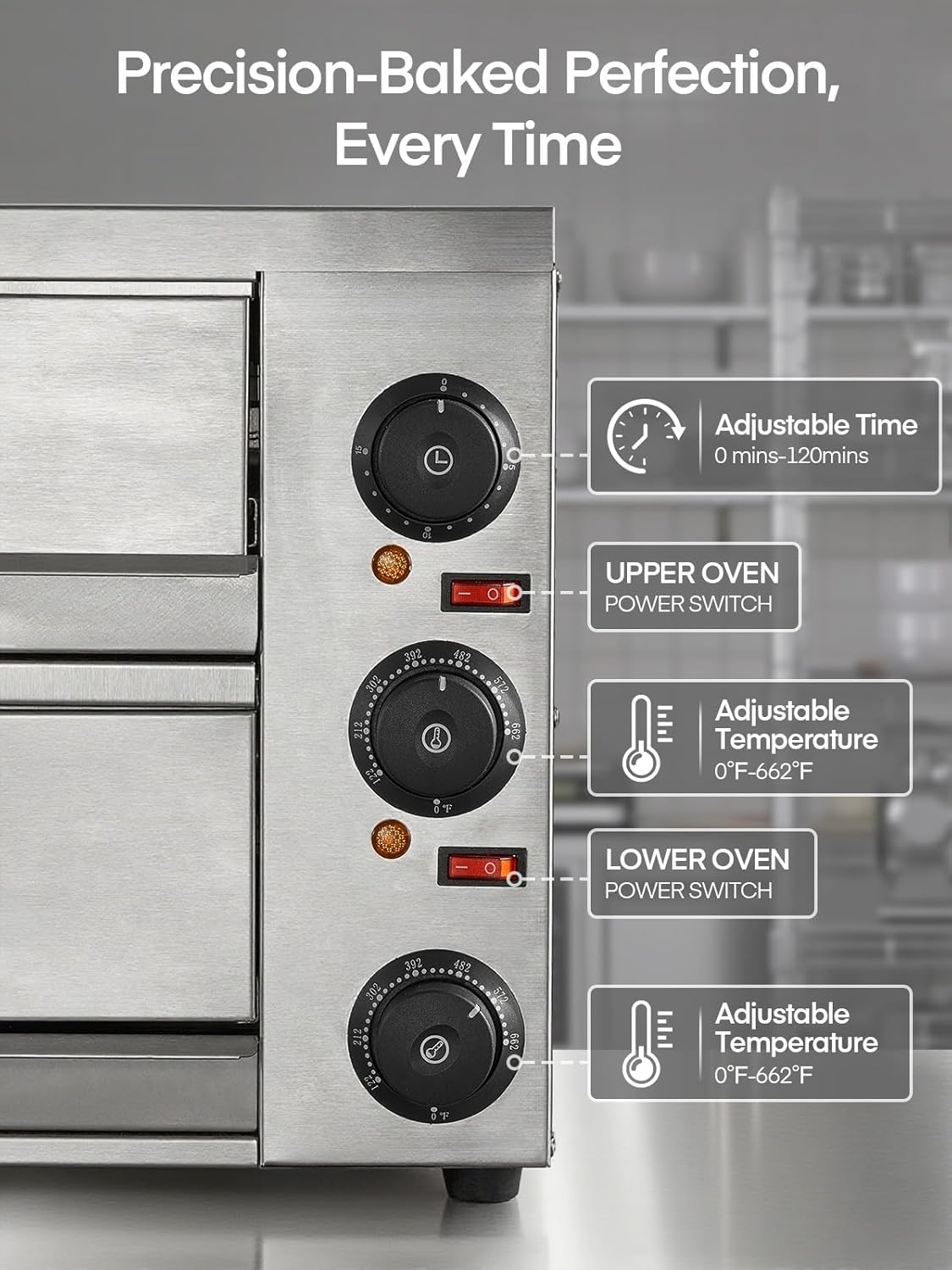 Commercial Pizza Oven, 12 Inch Countertop Pizza Ovens with 662°F Max Temp, 2-Layer Electric Pizza Cooker with Alert Timer, 1700W Stainless Steel Pizza-Maker Machine, for Restaurant,Home, Party, Silver