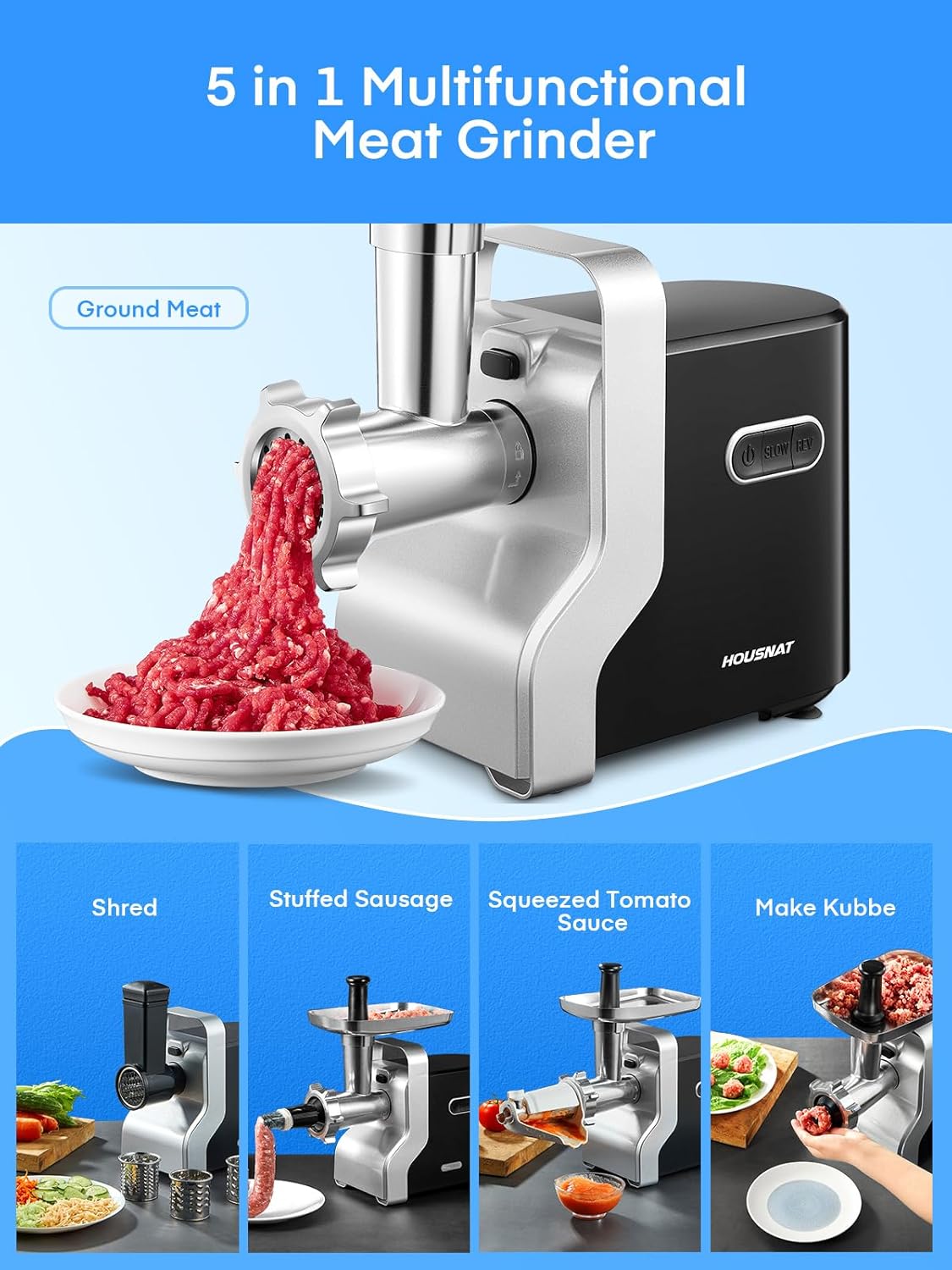 Meat Grinder Heavy Duty, 3000W Max Ultra Powerful, 5 in 1 HOUSNAT Multifunction Electric Meat Grinder, Sausage Stuffer, Slicer/Shredder/Grater, Kubbe & Tomato Juicing Kits, Home Kitchen Use
