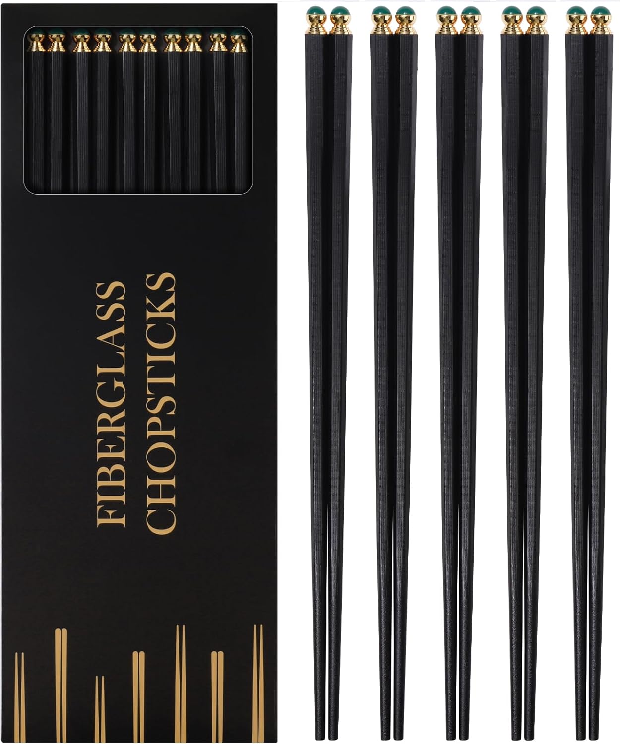 GLAMFIELDS 5 Pairs Premium Chopsticks Reusable Dishwasher Safe 10.5 Inch Gift Set Hexagon Black Chop Sticks with the Green Tops