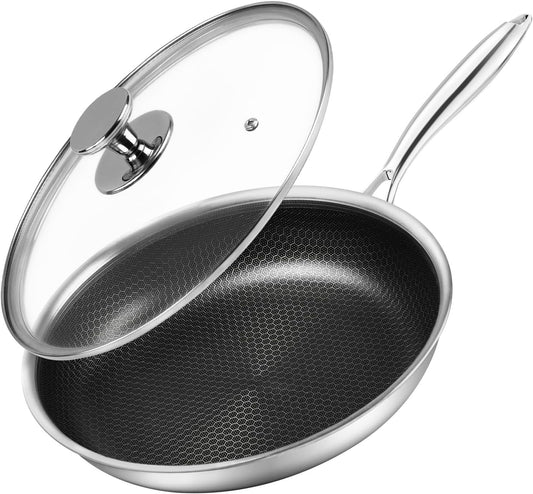 12 inch Tri-Ply Stainless Steel Frying Pan With Lid Large Nonstick Honeycomb Coatings Skillet for Eggs & Omelettes Non Toxic Healthy Omelette Pan Compatible W/All Cooktops