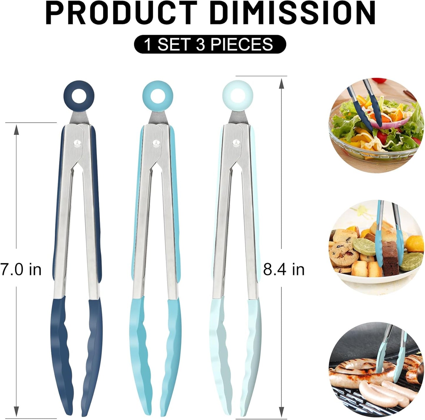 Hotec Mini Silicone Kitchen Tongs for Cooking - 7-Inch Small Serving Tongs with Silicone Tips, Set of 3 (Blue)