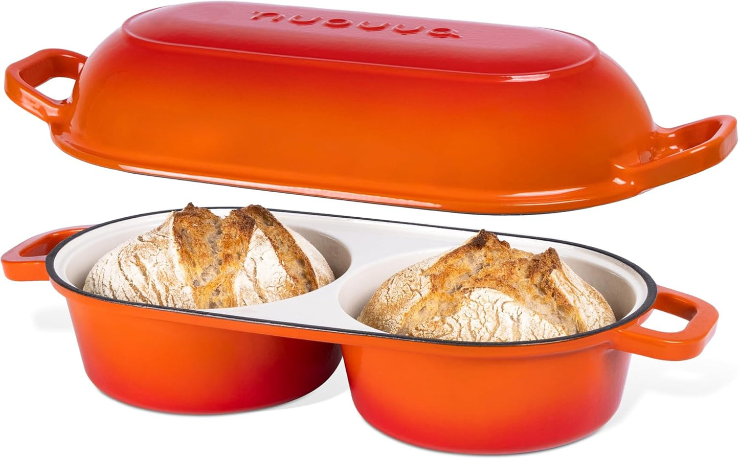 nuovva Dutch Oven For Sourdough Bread Baking – Enamelled Cast Iron Bread Loaf Pot – 500°F Oven Safe Non Stick Bread Pot – Double Round Loaf Space, 16.5cm Diameter, Orange