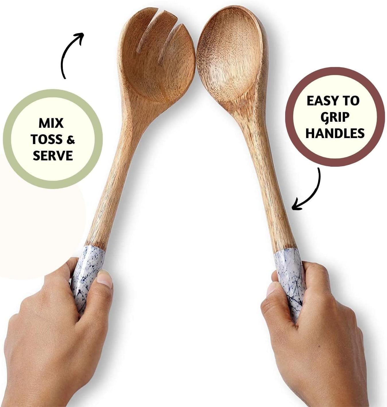 Folkulture Salad Servers or Salad Tongs, Wooden Utensils for Serving Salad, 12-inch Spoon and Fork Set, Mango Wood, Blue Servers