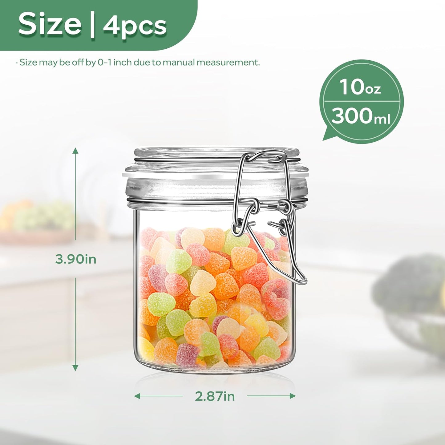 Glass Food Storage Jars with Airtight Lids 10 oz Cylinder 4 Pack Kitchen Storage Containers Small Cabinet Canisters Sealed Pot Canning for Pasta, Cereal, Coffee, Beans, Spice