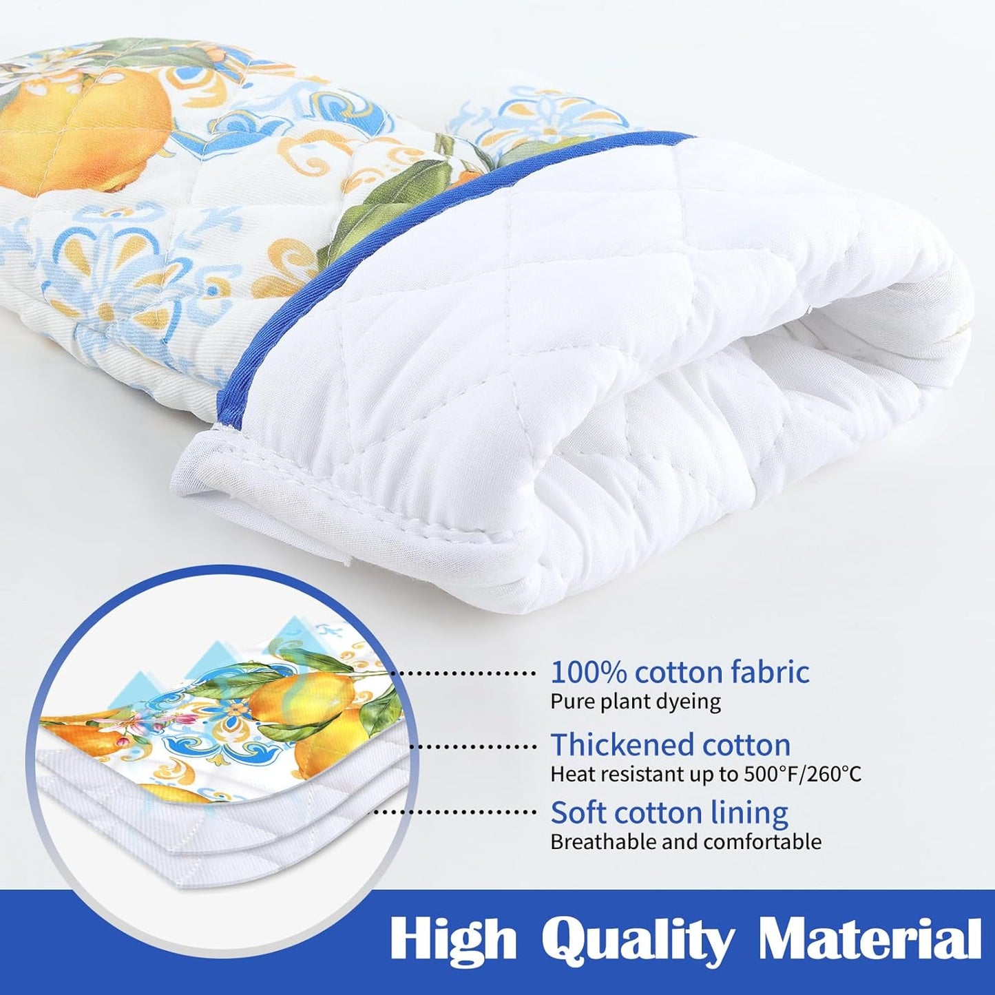 Summer Lemon Oven Mitts and Pot Holders Sets 2Pcs, 100% Cotton Heat Resistant, Extra Long Oven Gloves Potholder for Kitchen Cooking Baking Decoration