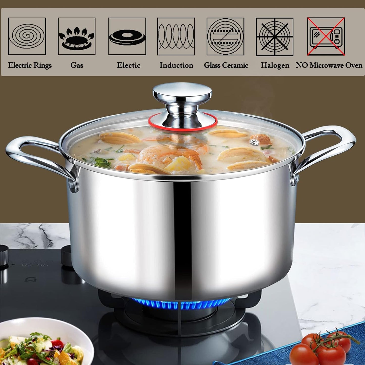 P&P CHEF 8 Quart Tri-Ply Stainless Steel Stock Pot, 8 Qt Stockpot Pasta Cooking Pot with Visible Lid for Soup Vegetable, Induction Cookware for All Stoves, Sturdy & Double Handle, Dishwasher Safe