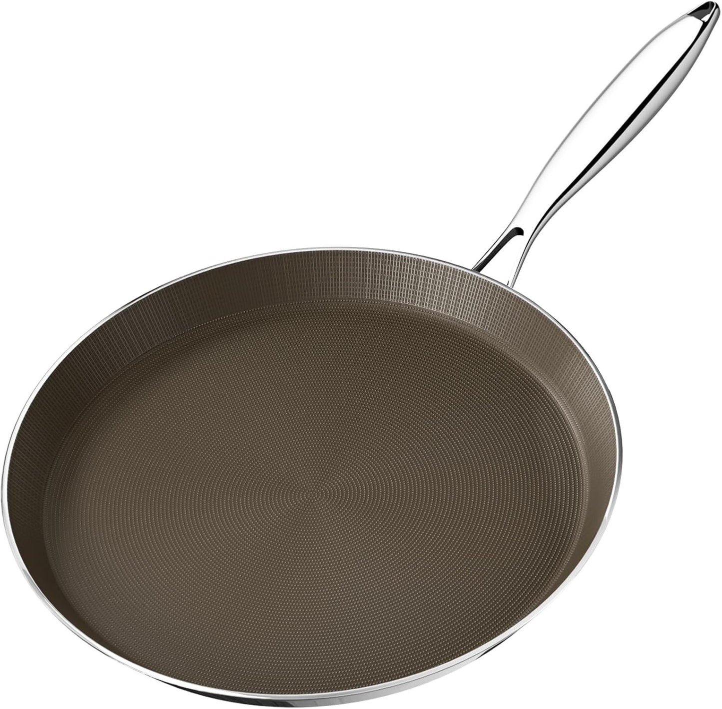12 Inch Stainless Steel Crepe Pan - Titanium Ceramic Nonstick Crepe Pan, Stainless Steel Dosa Pancake Pan, Non Stick Flat Skillet Tawa Dosa Tortilla Griddle Pan, Induction Compatible, PFAS&PTFE Free