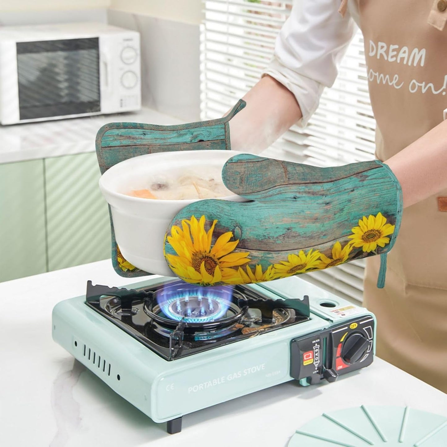 Sunflower Teal Wood Oven Mitts Pot Holders Set Silicone Kitchen Oven Mitts Heat Resistant Farmhouse Potholders Non-Slip 4pcs Hot Pads and Oven Gloves Sets for Baking,Cooking,BBQ,Grilling