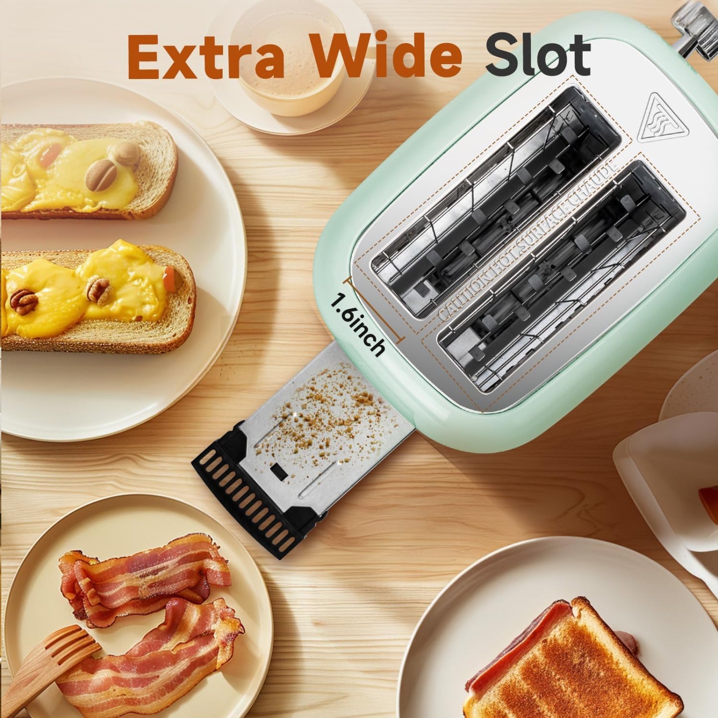 Aigostar Toaster 2 Slice Retro Toaster Stainless Steel, 1.6 inch Extra Wide Slots Bread Toaster Bagel, Cancel, Defrost Function, 6 Shade Settings & Removable Crumb Tray for Bread Waffle, Aqua Green