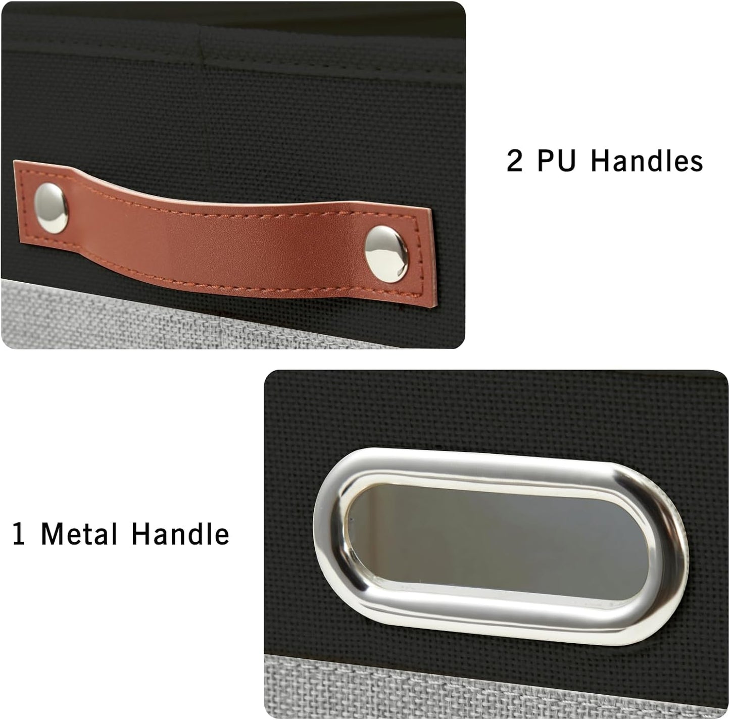 Large Collapsible Fabric Storage Bins with 3 Handles, Foldable Organizer Baskets for Closet, Shelves, Living Room | 3 Pack, Durable PU & Metal Handles (14.9"x9.8"x9.8", Black & Gray)