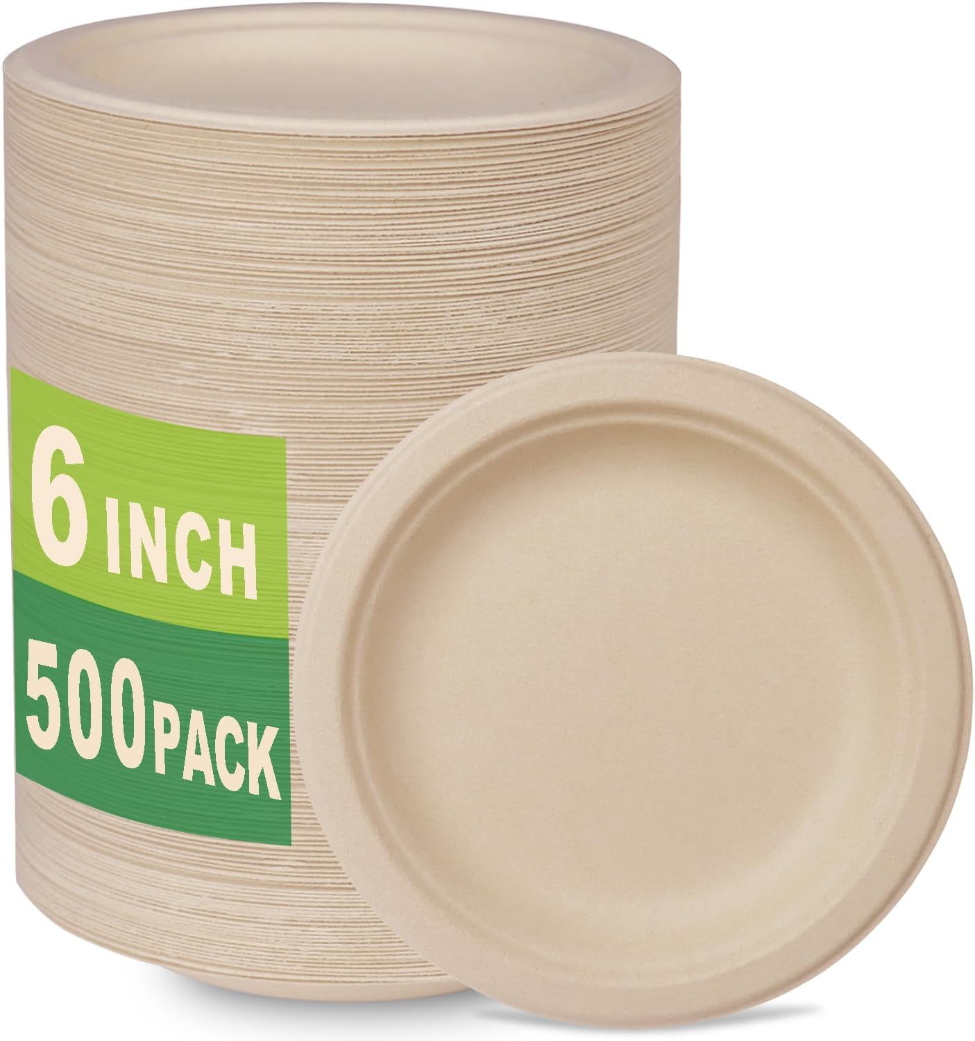 GreenWorks 500 Count 6“ Small Compostable Dessert Plates, Heavy-duty Unbleached Biodegradable Bagasse and Bamboo fiber Paper Plates