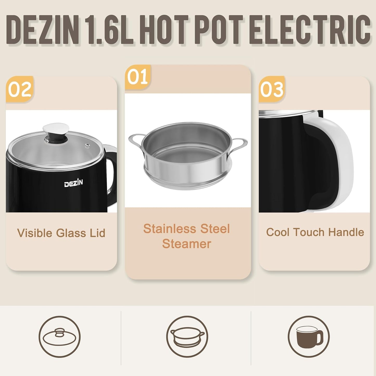 Dezin Hot Pot Electric with Steamer, Rapid Noodles Cooker, Stainless Steel Electric Pot 1.6 Liter, Perfect for Ramen, Egg, Dumpling, Soup, Oatmeal with Temperature Control and Keep Warm Function