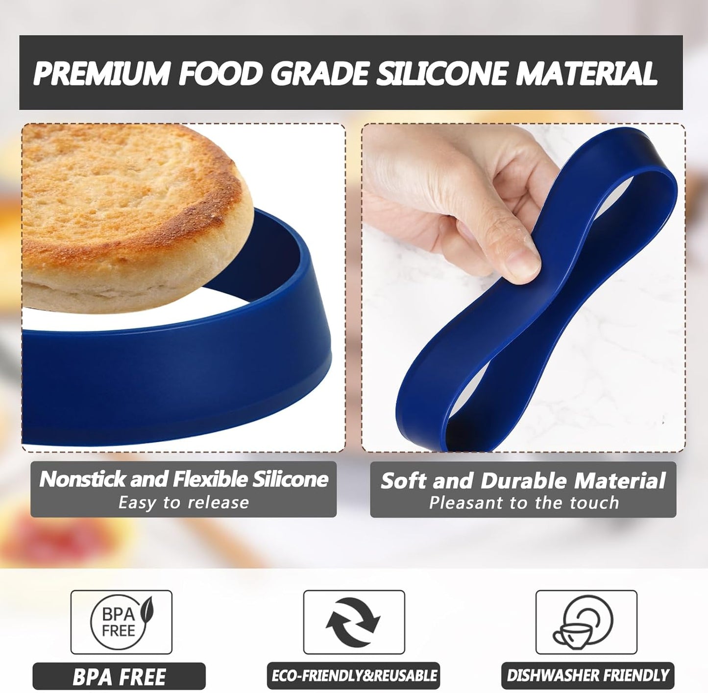 KOLUTI 4 Inch Round English Muffin Rings, 6Pcs Nonstick Silicone Cooking Crumpet Pancake Pastry Cookie Baking Mold, Durable Circle Egg Patty Omelette Cooker Ring for Frying, BPA Free, Blue