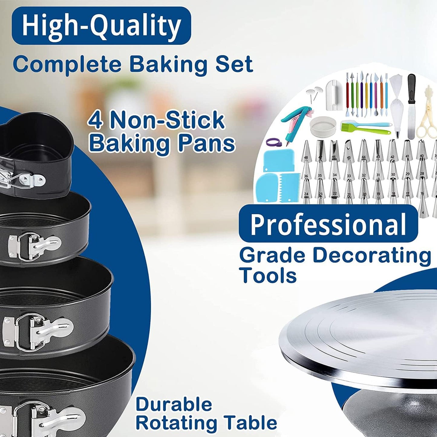 204 PCS Cake Decorating Kit, Aluminum Rotating Turntable Stand, Baking Supplies Kit Set with 4 Springform Pan Sets, 55 Icing Piping Nozzles, Cake Topper, Icing Spatula, Scraper, Pro Baking Tools