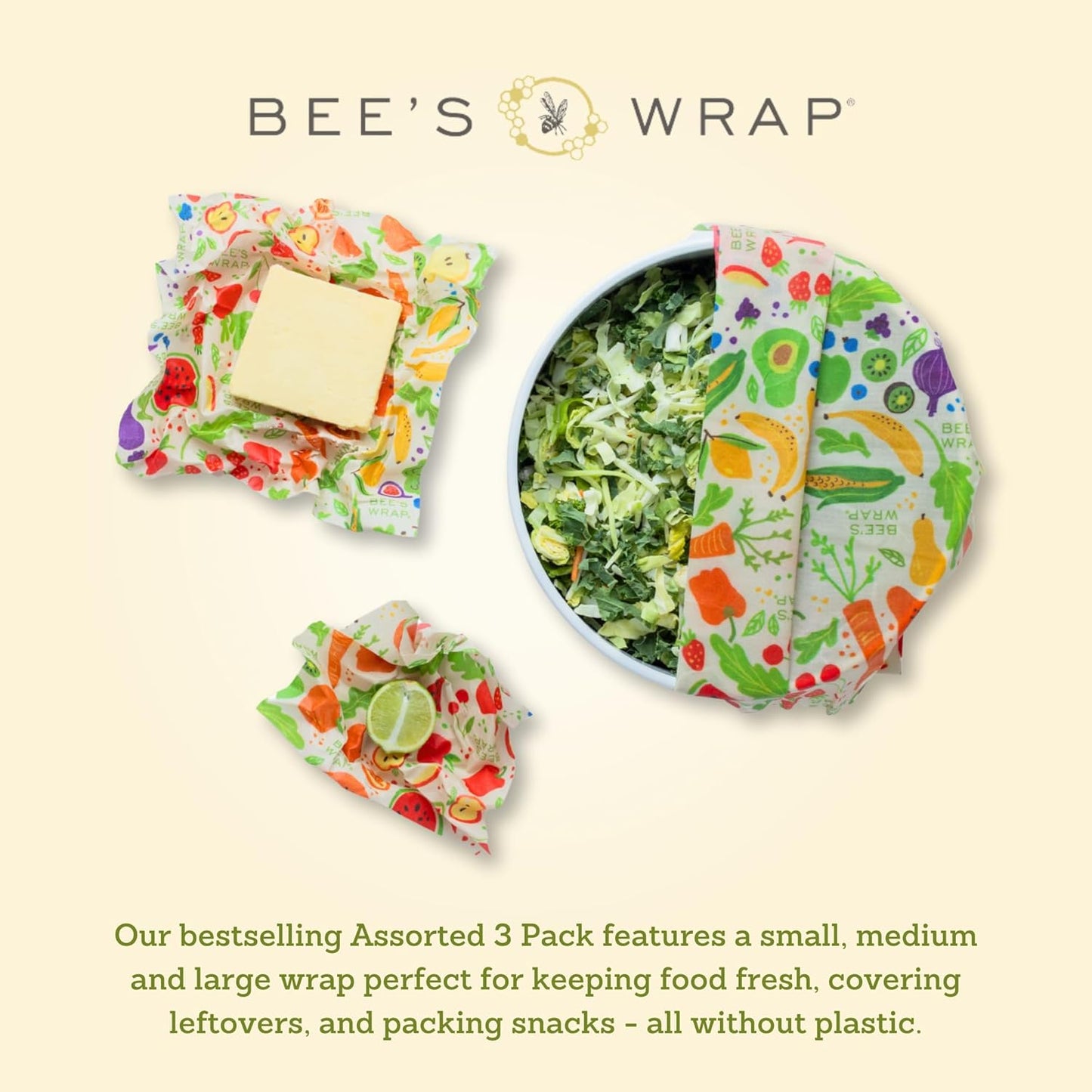 Bee's Wrap Beeswax Wraps for Food - Garden Party 3 Pack (S, M, L) Made in USA Reusable & Organic Food Wraps, Sandwich Wrap & Bowl Covers - Eco-Friendly Alternative to Aluminum Foil & Plastic Wrap