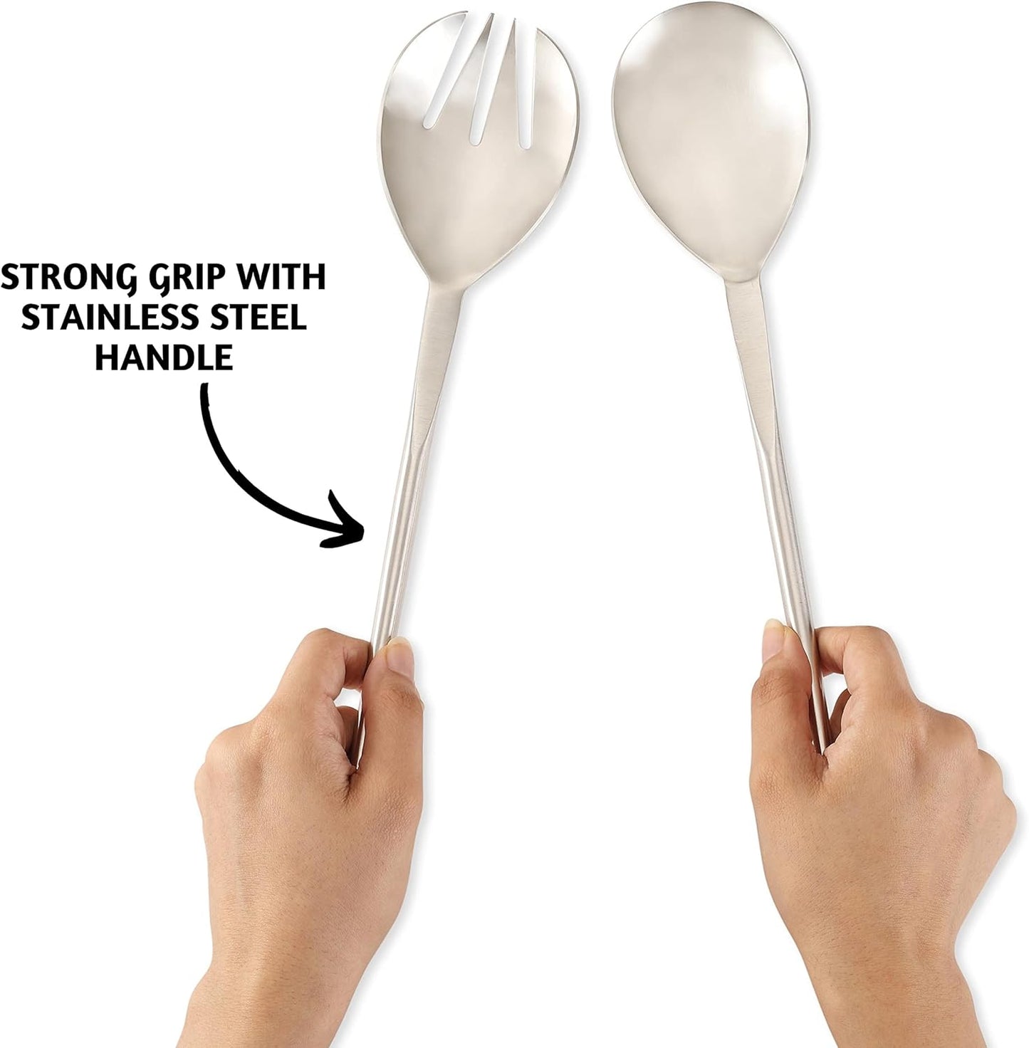 Folkulture Stainless Steel Kitchen Salad Servers or Salad Serving Utensils for Cooking, 12 Inch Salad Tongs, Serving Spoon and Fork Set for Salad, Gravies or Pasta, Silver Finish