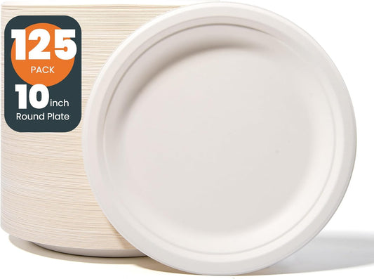 100% Compostable Plates - 125-Count Heavy Duty Disposable 10-Inch Plates Made of Bagasse - Eco-Friendly and Sustainable