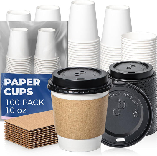 Fit Meal Prep 100 Pack 10 oz Disposable Coffee Cups with Lids, Sleeves, Leak-Proof To Go Coffee Cups with Lids, Durable Paper Cups for Hot Beverage, Home, Office, Party