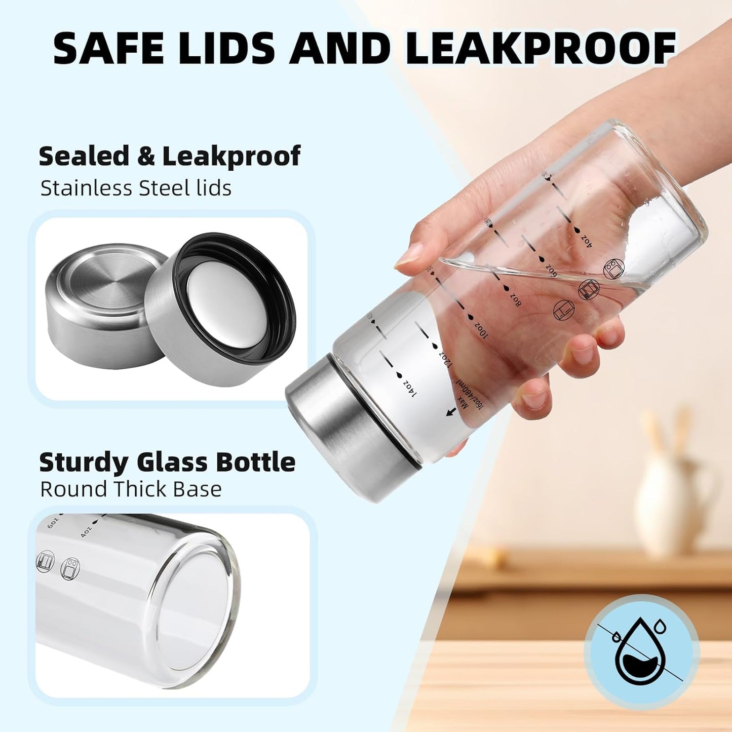 Glass Juice Bottles 4 Pack 16 oz - Wide Mouth Glass Water Bottles with Lids - Borosilicate,Stainless Steel Lids for Juicing, Smoothies, Infused Water, Beverage Storage, Leakproof, Reusable, BPA Free