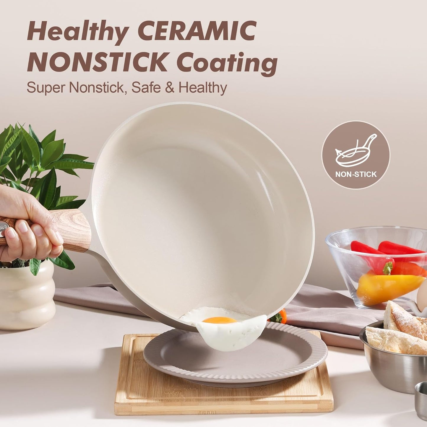 SENSARTE Ceramic Nonstick Frying Pan Small Skillet 8Inch Non Stick Omelette Pans, Non-toxic Healthy Kitchen Cooking Chef's Pan, Free of Intentionally Added PFOA/PFAS/PTFE, Induction Compatible, Taupe