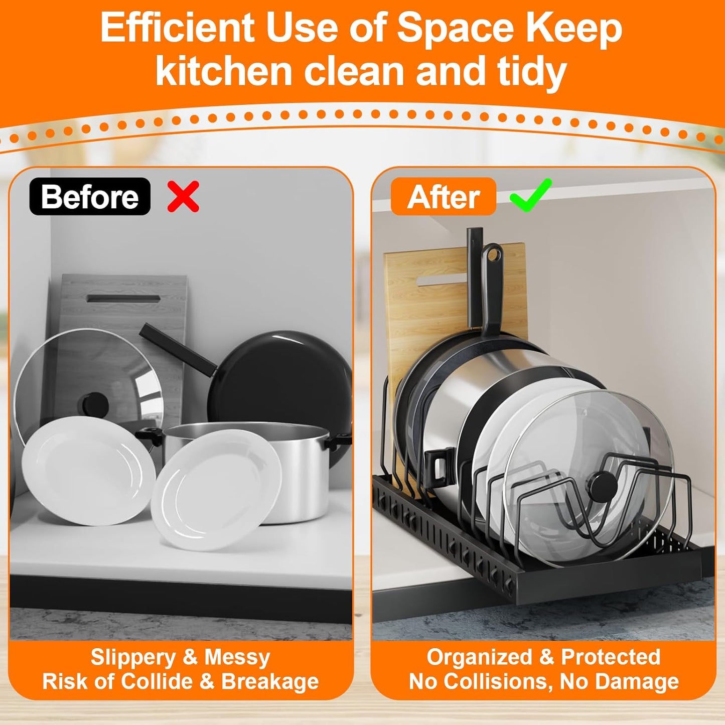 FLSEPAMB Pots and Pans Organizer for under Cabinet 2 Pack 10-Tier Pot Pull Out Cabinet Organizer Sliding Pot, Cabinet Pull Out Shelves with Two Types of Shelves for Pots, Lids, Bottles and Pans