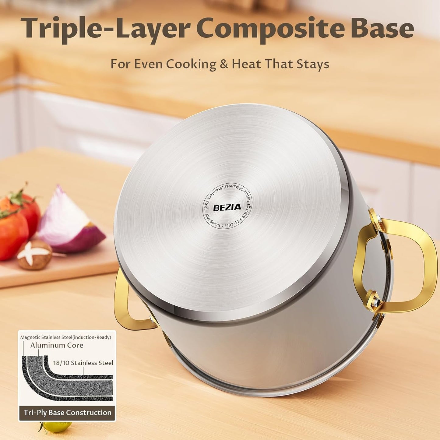 BEZIA 6 Quart Stainless Steel Stockpot with Lid, Induction Compatible Cooking Pots, Triple-Layer Bottom for Even Heat, Pasta & Soup Pot for Cooking, Boiling, Stewing, Dishwasher Safe