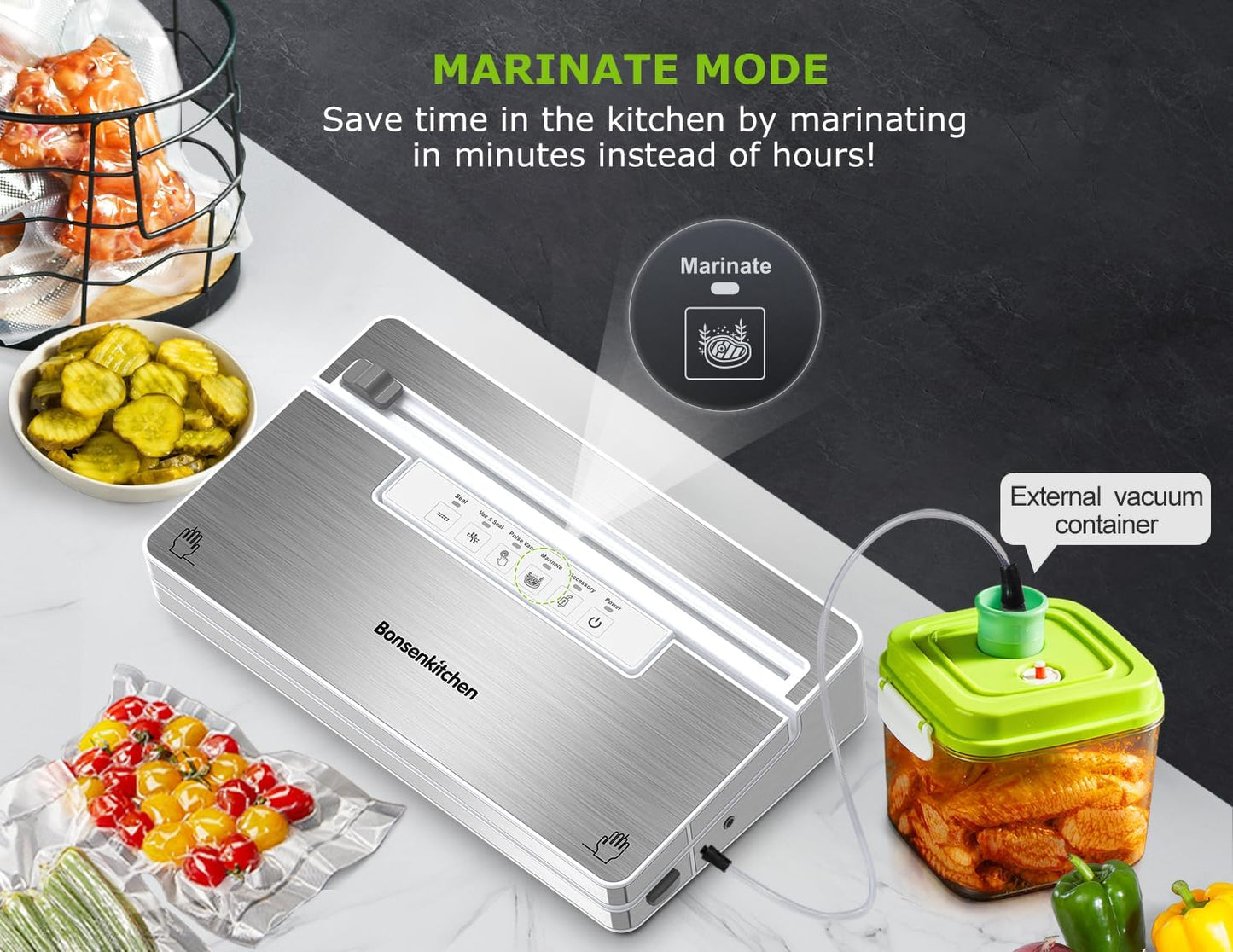 Bonsenkitchen Vacuum Sealer Machine, Stainless Steel Food Sealer Vacuum Sealers with 30 Bags & 1 Roll, 5 Food Vacuum Modes, Built-in Cutter & Bag Storage (White Silver)