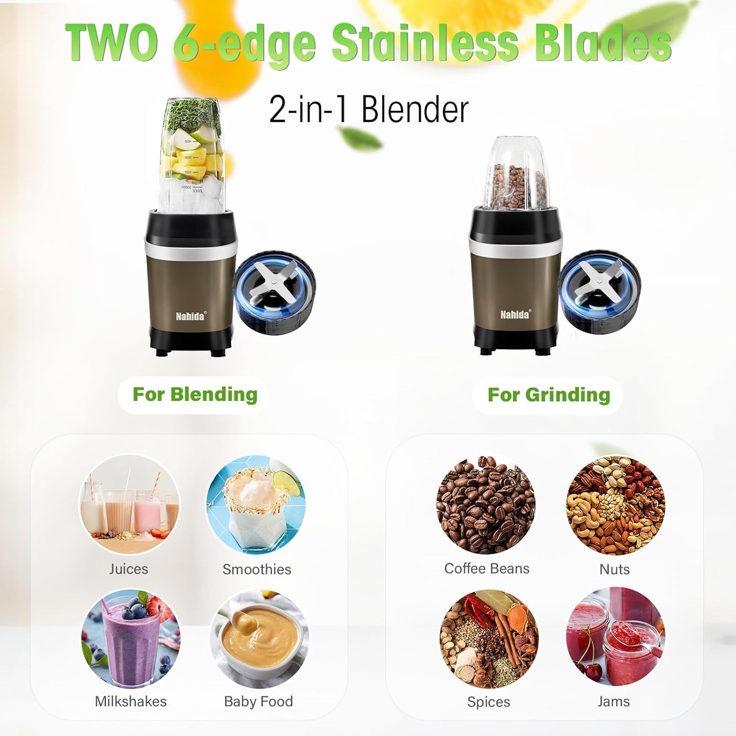 Nahida Blender for Smoothies, 1200W Smoothie Blender for Ices Crushing, Blenders with (2) 6-Fin Blades, Personal Blenders for Kitchen with 23oz, 32oz, 37oz Easy Go Cups for Juices, 1200W, Brown