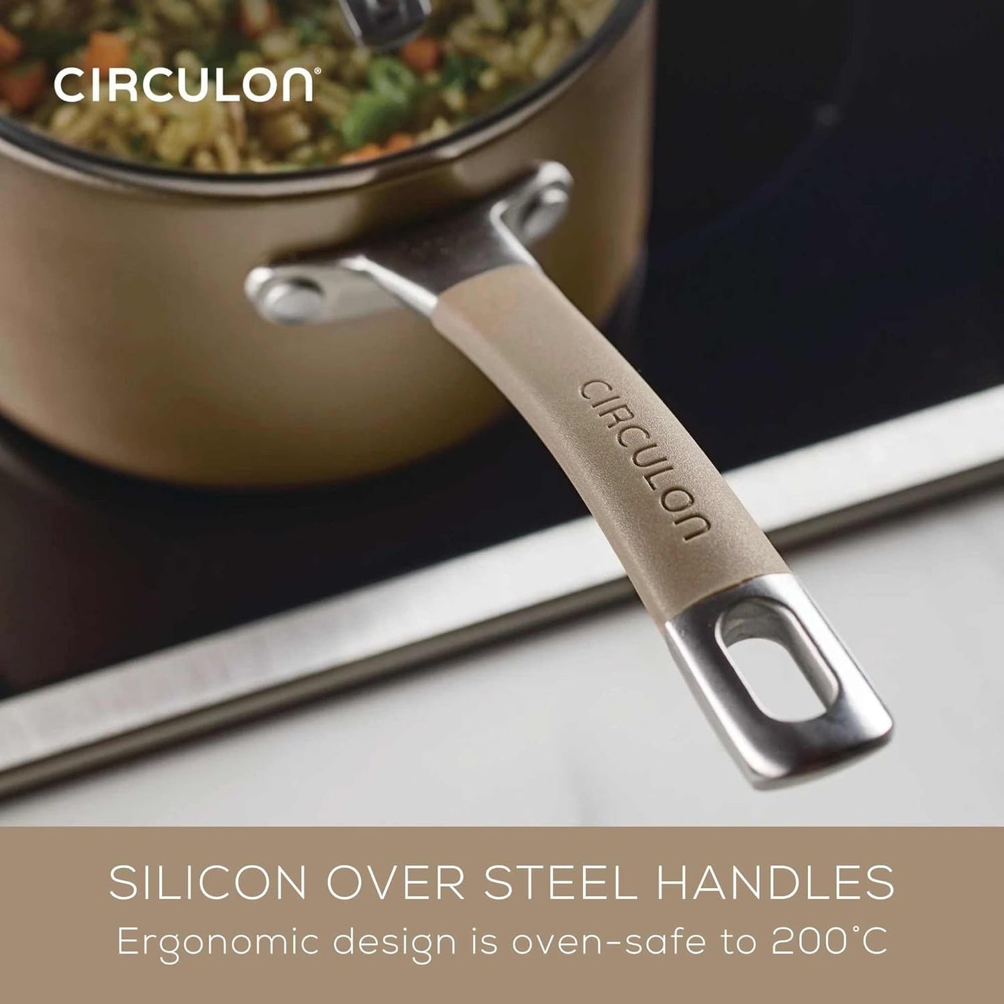 Circulon A1 Series with ScratchDefense Technology Nonstick Induction Pots and Pans, Metal Utensil Safe, Includes Splatter Guard, Slotted Turner and Silicone Trivets, 10 Piece Cookware Set - Champagne