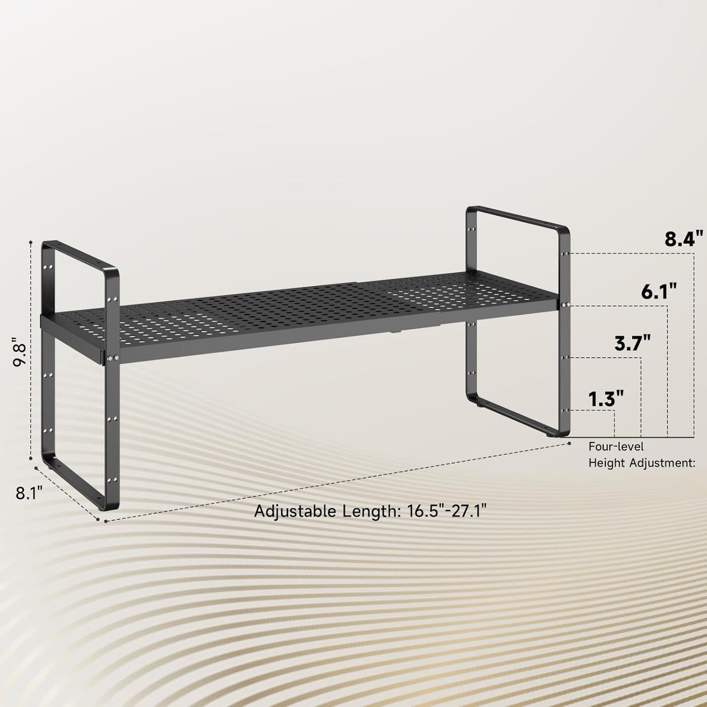 Hole Pattern Expandable Shelf Organizer,1Pack 8.1" Wide Easy to Assemble Cabinet Organizer Shelf, 16.5~27.1" Adjustable Height&Stackable Spice Organization for Cupboard, Black