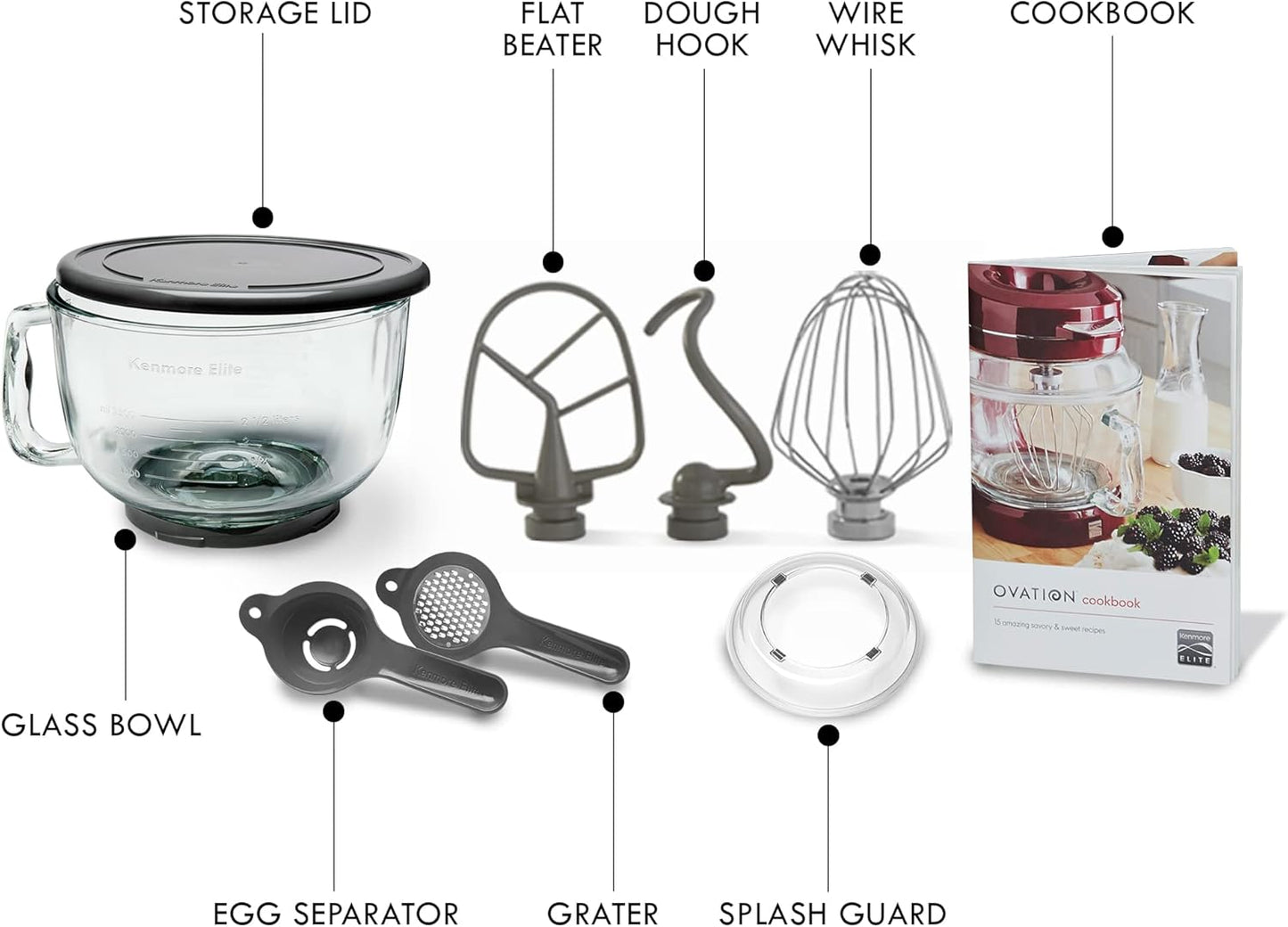 Kenmore 500W Oviation Stand Mixer - 10 Speed Mixing, Tilt-Head, Handheld Glass Bowl With Pouring Top Splash Guard, Flat Beater, Whisk, Dough Hook Attachments Countertop Kitchen Appliance, 5QT Grey